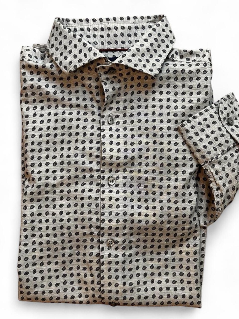 Men's Printed Button-Up Shirt in Light Beige with Black Dot Pattern